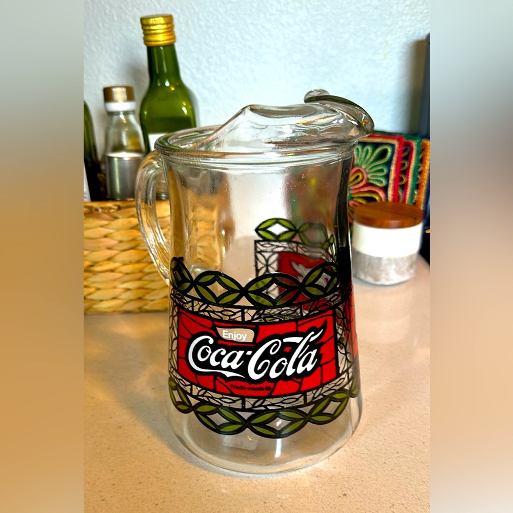 Vintage Coca Cola Glass Pitcher 64 oz Stained Glass